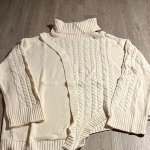 Asymmetrical Cream Cable Knit Turtleneck Women’s Sweater